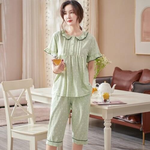 Women Home Clothes For Summer Pajamas Sets O-Neck Sleepwear Heart Print Pijamas Mujer Short Sleeve Cotton Pyjamas Female M-XXXL