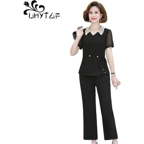 UHYTGF Womens Suit Short Sleeve Pullover Casual Tops Female Summer Two-Piece Sets Black Blue Thin 5XL Plus Size Tracksuit 2163