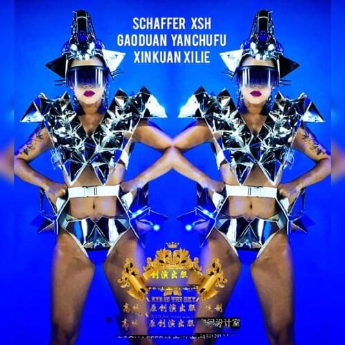 Nightclub GOGO Womens Mirror Metal Triangle LED Light Costume future technology show Space Star armor robot dance clothing