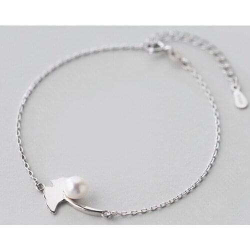 Authentic 925 Sterling Silver Ginkgo leaves Round Pearl Bracelet Fine Jewelry For Women Party Trendy Accessories Gift