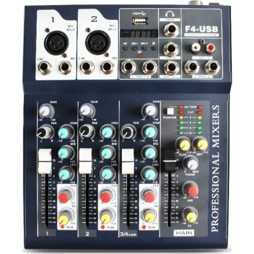 Sound Mixing Console Record 48V Phantom Power Monitor AUX Paths Plus Effects 4 Channels Audio Mixer with USB F4