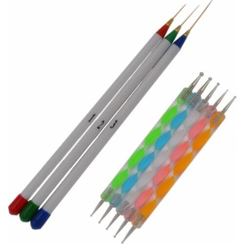 YZWLE 5Pcs 2 Way Dotting Marbleizing Painting Pen + 3pcs Nail Art Design DIY Drawing Painting Striping Nail Gel Pen