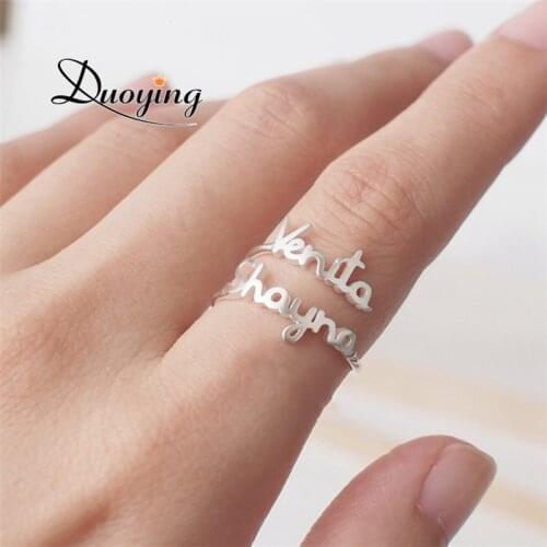 Duoying Double Names Rings For Couple Lovers Personalized Two Names Ring Adjustable Custom Wedding Jewelry Bridesmaid Xmas Gifts