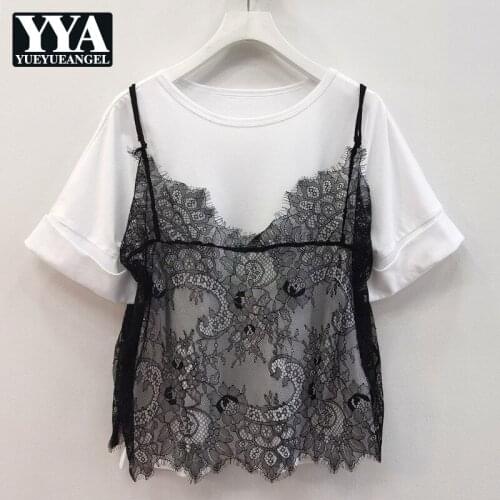 Elegant Spliced Lace Short-Sleeve Cotton T-Shirt Women Summer Round Neck Fake-Two Office Lady Loose Short Top England Style