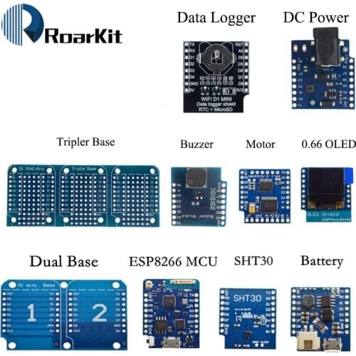 ESP8266 D1 Mini Pro WiFi NodeMcu Data Logger Shield DS1307 Battery 0.66 OLED DC Power Buzzer V1.0.0 Dual Base for WeMos DIY Kit