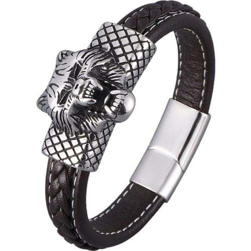 Brown Leather Braided Bracelets Men Wristband Stainless Steel Wolf Head Magnetic Buckle Bangles Punk Hip Hop Jewelry Gift SP0883