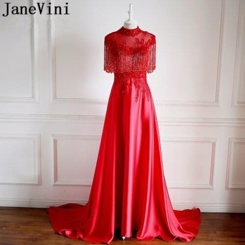 JaneVini Jurk Lang Sequin Bridesmaid Dresses Girl Beaded Tassel Luxurious High Neck Lace Red Long Dress Party Wedding Prom Gowns