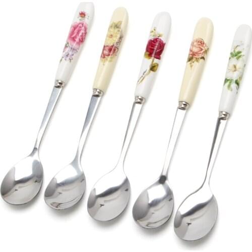 Ceramic Handle Spoon Stainless Steel Dessert Coffee Spoons Ice Cream Teaspoon