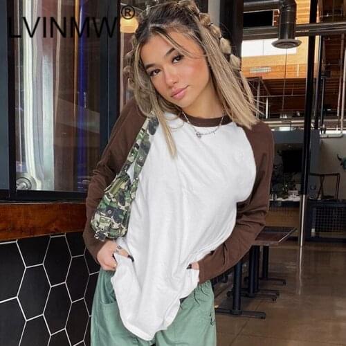 LVINMW T Shirts Panelled Casual Loose Long Sleeve Tops Crew Neck Patchwork Basic Chic Plus Size Women Clothing Streetwear Autumn