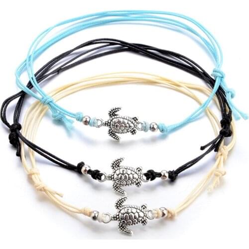 Cute Vintage Tortoise Anklets For Women Fashion Black White Wax String Lacing Foot Jewelry Minimalist Turtle Ankle Bracelet