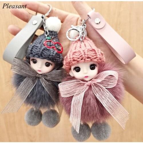 Cute Plush Bow Keychain Gift Big-eyed Doll Fox Fur Car Key Pendant Plush Pendant