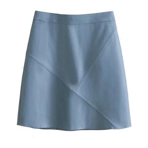 PERHAPS U Spring New PU Faux Leather High Waist Skirt Black Back Zipper Pocket Mini Skirt S0008 Blue