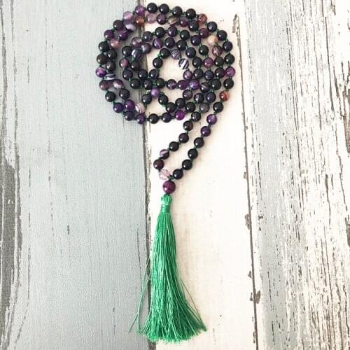 Fashion Chakra Purple A-gate Yoga Meditation Necklace Japa Mala Hand Knotted Tassel Jewelry 108 Purple Beaded Necklace For Women