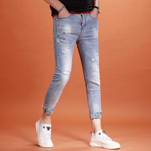 2021 Summer Printed Ripped Ankle-Length Jeans Men Streetwear Light Blue Slim Fit Pencil Pants