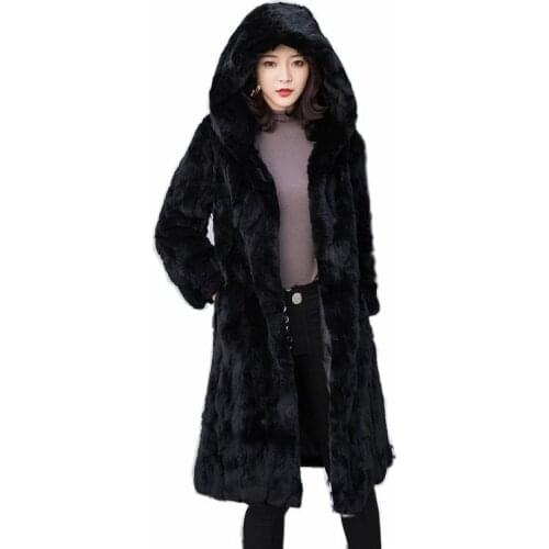 New Rex rabbit fur one-piece hooded long-sleeved fur overcoat jacket women loose plus size winter cape parka long coats womens