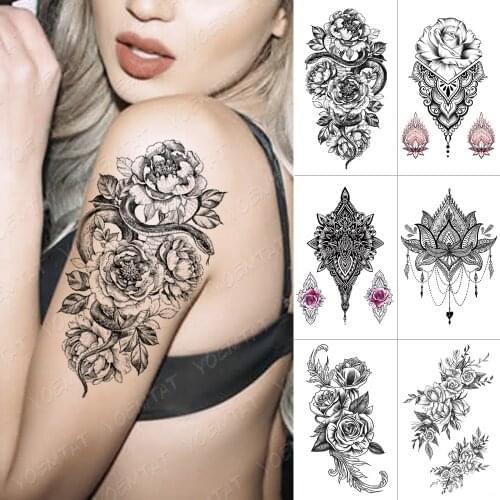 Flower Rose Peony Lace Skull Flash Tattoos Waterproof Temporary Tattoo Sticker Snake Leaf Body Art Arm Fake Tatoo Women Men
