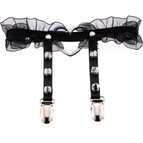 Newest Womens Sexy Elasticity Harness Heart Leg Chain Gothic Garter Belts Cosplay Spike High Elastic Thigh Ring Stocking Belt