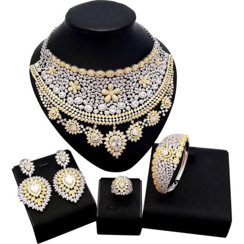 Yulaili Luxury Wedding Bridal Jewelry Sets American Natural Zircon Flowers Choker Necklace Dangle Earrings Charm Bangle Ring