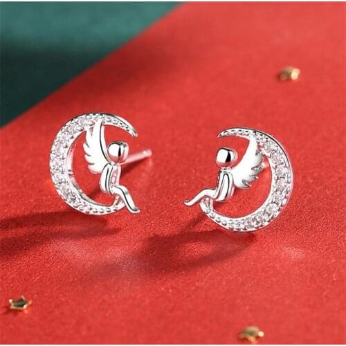 Jisensp Fashion Ladies Crystal Angel Wings Cupid Earrings Bijoux Cute Love Stud Earrings for Women Wedding Best Girlfriend Gift