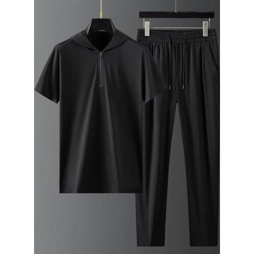Tracksuit Men Gym Smooth Hooded Summer Cool Ultra Thin Quick Drying Elastic Ice Sports Suit Mens Fashion Casual Two Piece Set