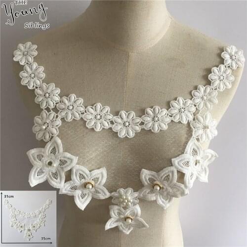 Embroidery Fashion White Hollow out Applique Lace Collar DIY ABS pearl Lace Neckline Fabric Clothing Accessories Craft supplies