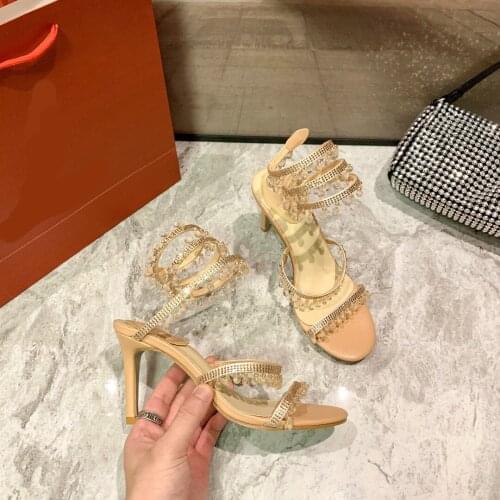 Kmeioo 2022 new style dress shoes women open toe high heels jewel sandals ankle strap stiletto female shoe for wedding party