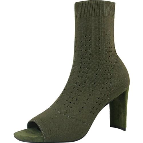 UMMEWALO Open Toe Stretch Knit Sock Boots Women Fashion High Heel Elastic Knitting Ankle Boots Ladies Shoes