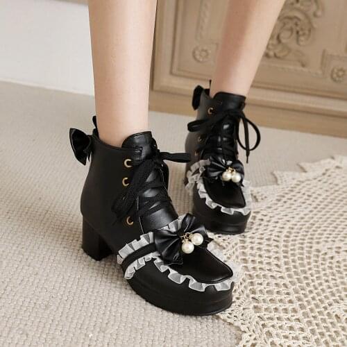 Bowknot Lace-Rim Lolita Womens Shoes Sweet And Cute Round Thick-Heeled Female Pumps With Pearl Lace Folds High Heels 2021