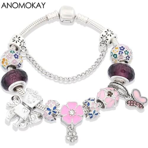 Anomokay New Colorful Flower Charm Bracelet for Women Girl Cute Butterfly Flower Fairy Bead Bracelets Fashion Jewelry Drop Ship