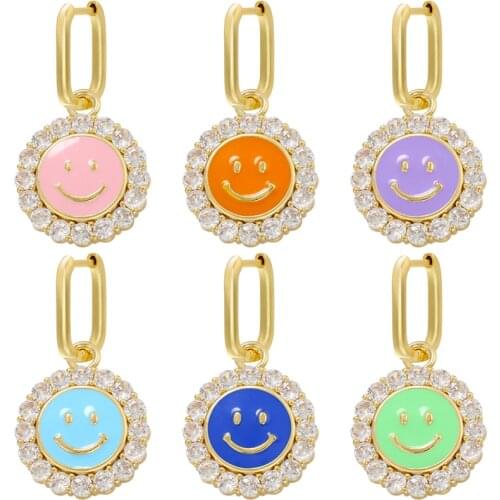 ZHUKOU enamel smiley face hoop earrings Cute gold color CZ crystal women handmade Drop earrings Fashion jewelry wholesale VE424