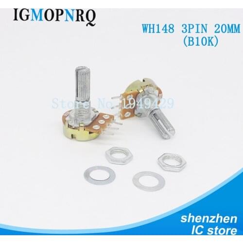 5PCS/LOT B10K 10K OHM WH148 3Pin Single Rotary Potentiometer Pots Shaft 20MM With Nuts And Shim