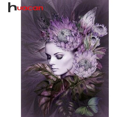 Huacan 5d Diy Diamond Embroidery Woman Diamond Painting Full Square Portrait Flower Mosaic Rhinestones Home Decor