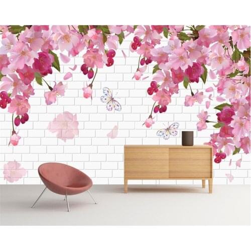 Beibehang Custom wallpaper pink beautiful fantasy cherry 3D brick wall TV background wall living room bedroom mural 3d wallpaper