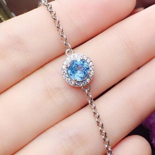 Natural real blue topaz round chain bracelet 6*6mm 1ct gemstone 925 sterling silver Fine jewelry For men women Q216231