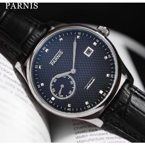 New Parnis 43mm Black Dial Automatic Mens Watch Power Reserve Calendar Leather Strap Mechanical Watches relogio masculino 2021