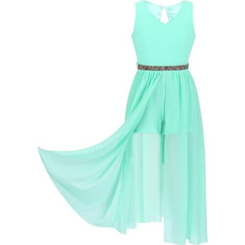 Kids Sleeveless Chiffon Shiny Rhinestones Waist Dancing Leotard School Pageant Ballroom Party Dress Girls Lyrical Dance Costumes