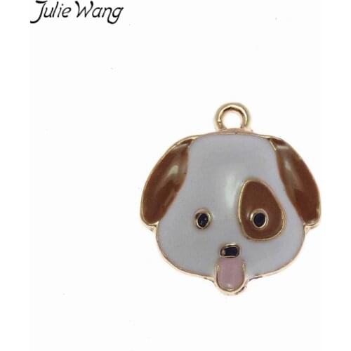 Julie Wang 5PCS Colorful Enamel Pink Tongue Cute Puppy Dog Head Pendant Charm Handmade Family Pet Name Tag Keychain Accessories