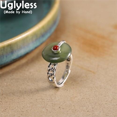 Uglyless Thai Silver Ethnic Twisted Rings for Women Natural Jade Peace Button Rings Real 925 Silver Vintage Dress Jewelry Agate