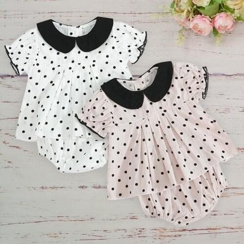 Summer Cotton Newborn Girl Clothes Set Black Dot Round Neck Puff Sleeve Tops Pant Two Pieces Suit Carnaval Baby Naninhas Bebe