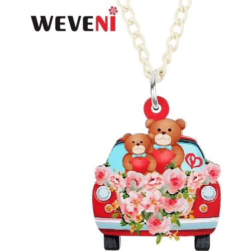 WEVENI Valentines Day Acrylic Red Folwers Bear Doll Car Necklace Pendant Long Fashion Charm Chain Jewelry Gifts For Women Girls