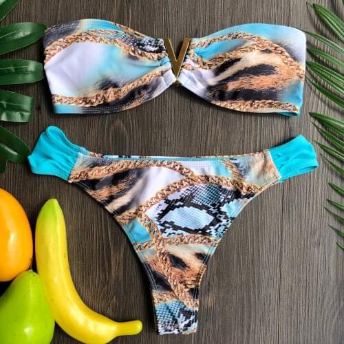2020 Print Swimsuit metal V-Neck Sexy Bikini Set Bandeau High Cut Swimwear Women Summer Bathers Bathing Suit Brazilian Bikini