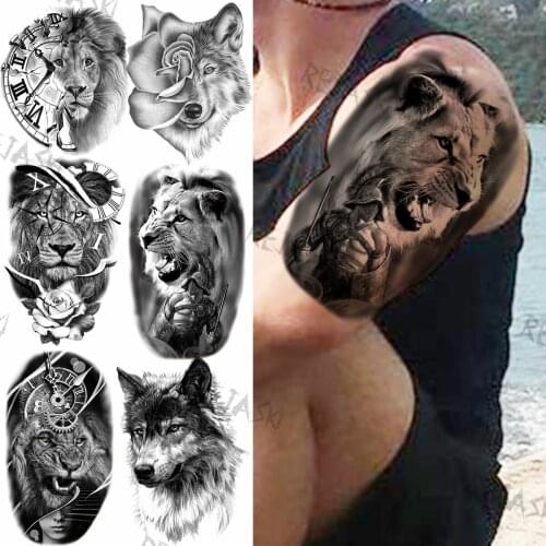 Lion Knight Warrior Temporary Tattoos For Men Adults Realistic Compass Fox Rose Fake Tattoo Sticker Arm Chest Tatoos Arm Thigh