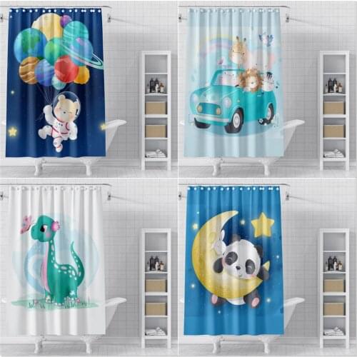 Cute Animal Cartoon Shower Curtains Set Lion Bear Rabbit Panda Dinosaur Print Kids Bathroom Decor Polyester Cloth Bathtub Screen