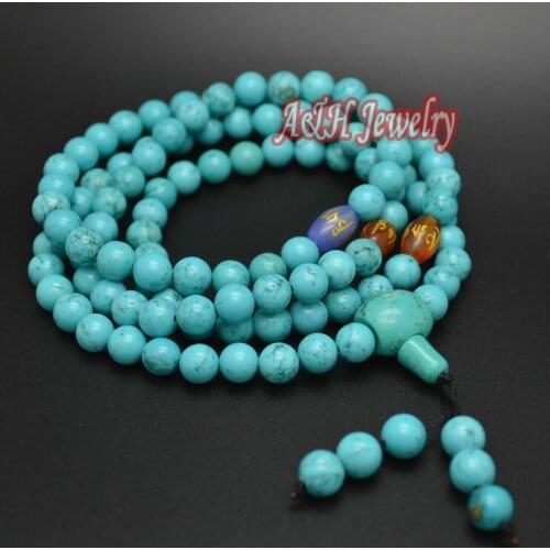 Natural Blue Howlite 8mm 108 Beads Prayer Mala Necklace 36 Inch Tibetan Jewelry Six Words Mantra Jewelry