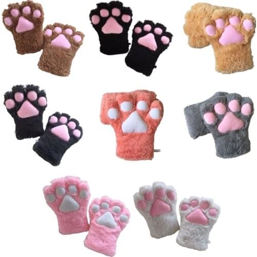 Women Kids Winter Warm Full Finger Gloves Cute Cartoon Cat Paw Thicken Fuzzy Plush Mittens Anime Lolita Cosplay Costume