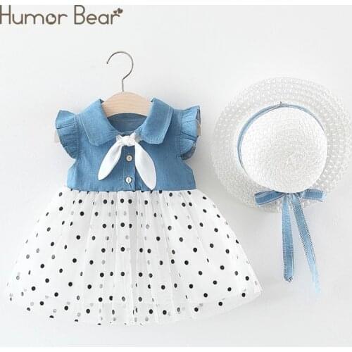Humor Bear New Summer Baby Girl Dress Denim Mesh Flying Sleeve Hat As A Gift 2PC Set Baby Kids Clothing Toddler Girls Clothes
