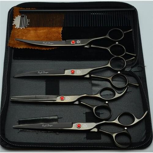 5Pcs Set 7 inch 19.5cm Black Professional Hair Hairdressing Scissors Comb + Cutting Shears + Thinning +UP/Down Curved Shears