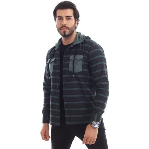 WOODCUTTERS HOODED CASUAL SLYM FİT MALE GÖMLEĞİ (BLACK GREEN)