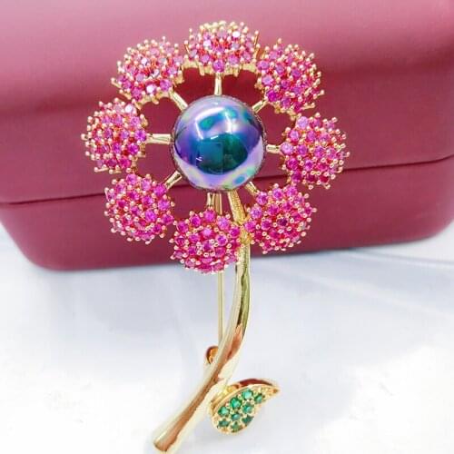 Sun Flower Branch Brooch Red Stone and Imitation Pearl Brooches For Female Bijouterie Pins Lapel Pin Women Collar Tips Hajib Pin