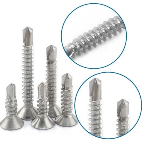 LUCHANG 100pcs 410 Stainless Steel M4.2 M4.8 Cross Flat Countersunk Head Phillips Self Drilling Tail Screw Bolt Tapping Screw